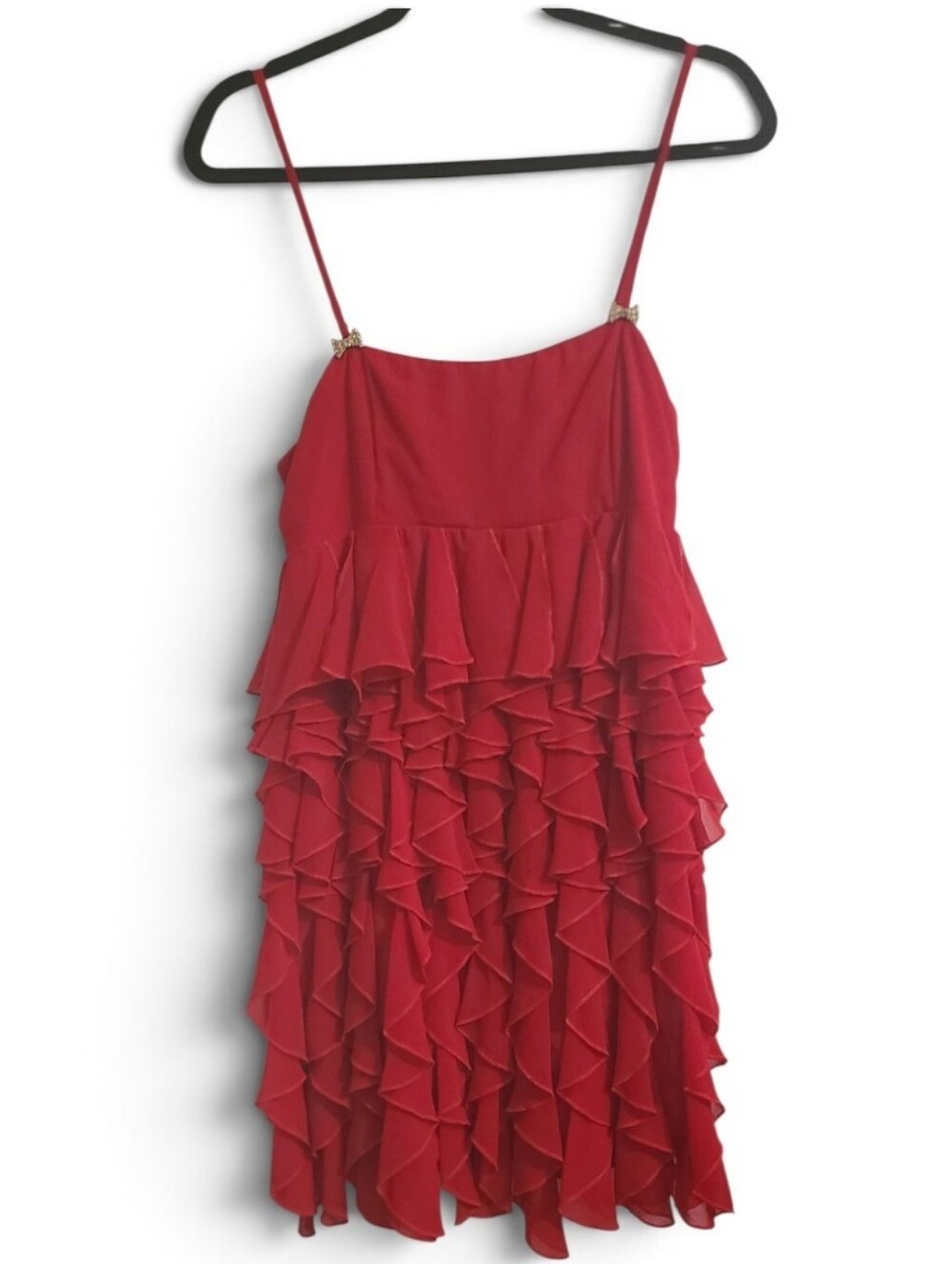 VTG Y2K Red Tiered Ruffle Mini Dress Gold Diamond Bow Accent Straps Medium